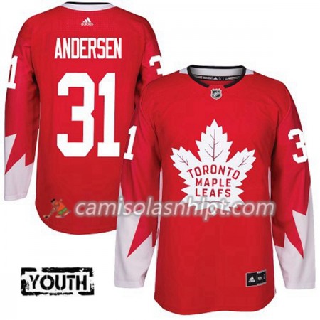 Camisola Toronto Maple Leafs Frederik Andersen 31 Adidas 2017-2018 Vermelho Alternate Authentic - Criança